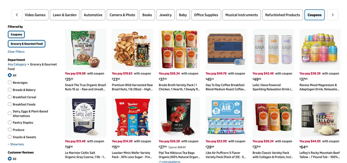 Amazon.com deals page featuring coupon options