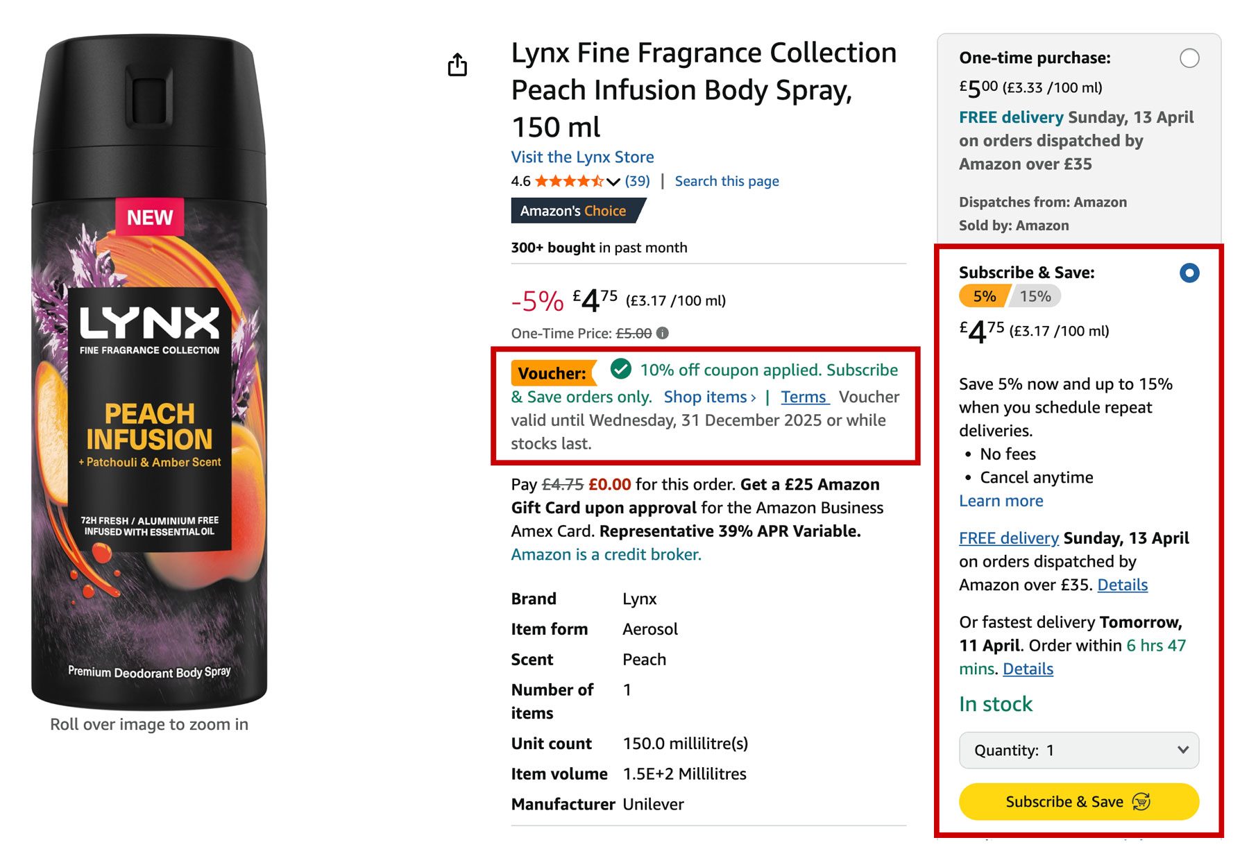 Amazon product detail page example of Subscribe and Save