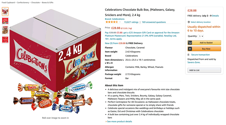 Example of Celebrations Bulk Box 2.4kg that launched in 2018 on Amazon in the UK