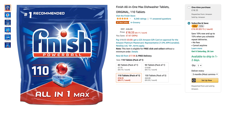 Example of large pack size product Finish powerball 110 tablets