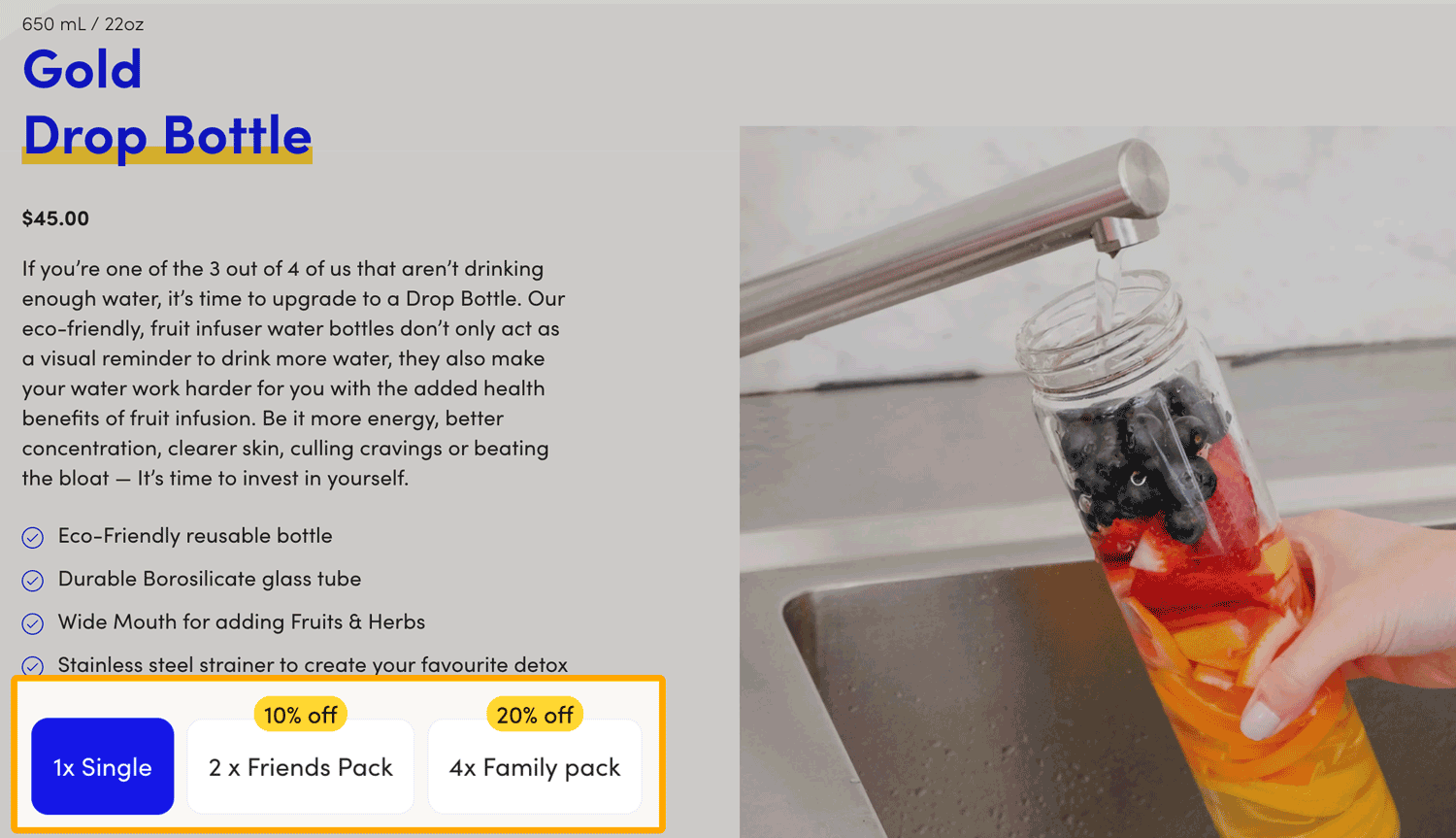 Dropbottle's Ecommerce Shop uses descriptive names for the product variants
