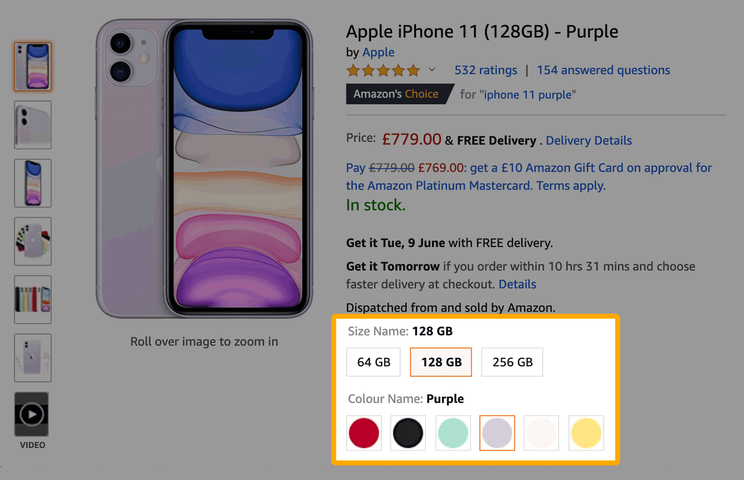 Product variation example on Amazon