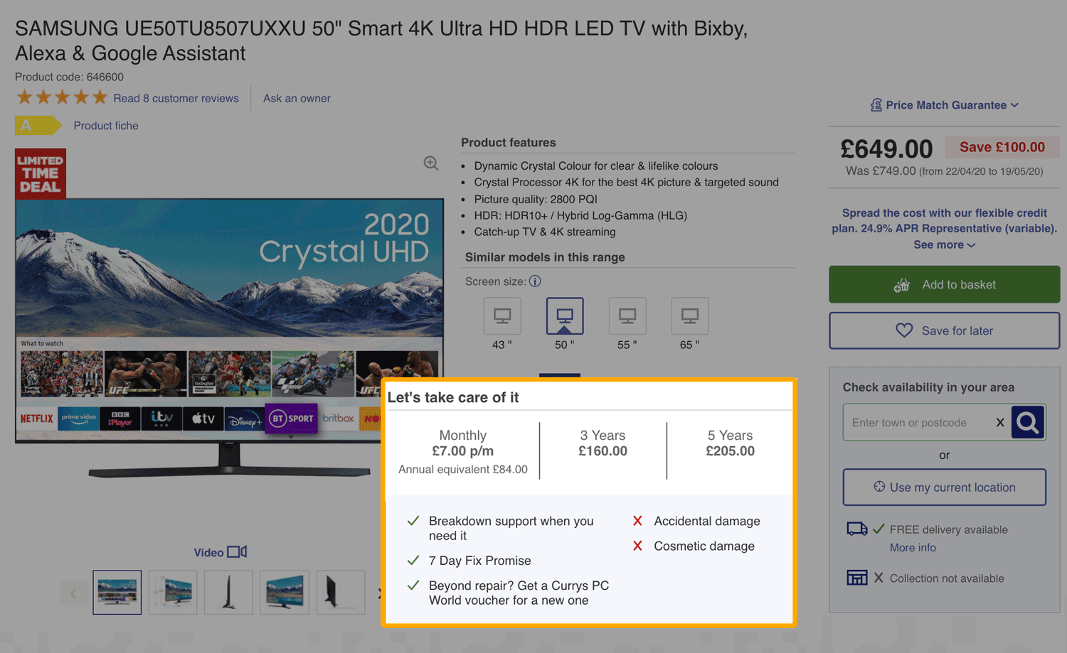 Care and repair service example on product page from Currys.co.uk
