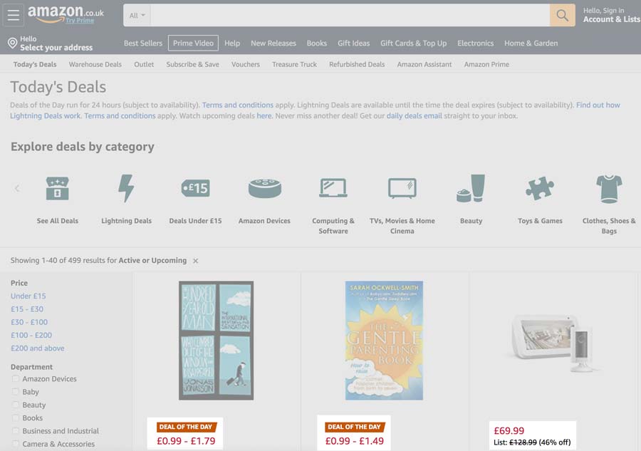 Screenshot of Amazon Deals Page with different product offers