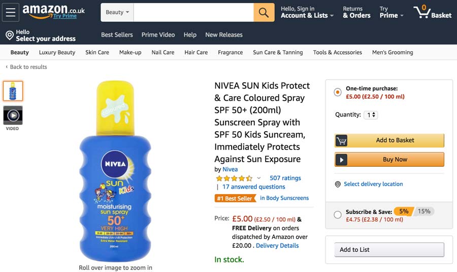Product detail page on Amazon with visible "Add to Basket" and "Buy Now" CTA button