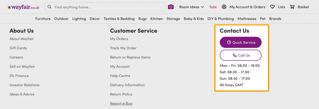 Wayfair displays its contact details on every single product page, making it easy to reach their customer support.
