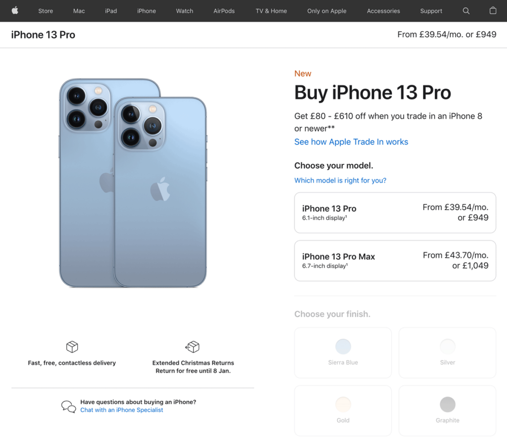 Apple offers the iPhone with multiple options, which customers can choose from at checkout, leading to a great customer experience